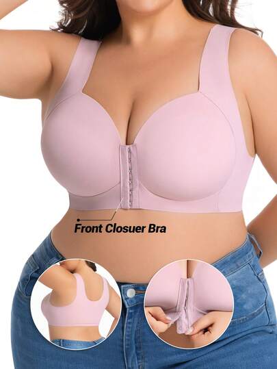 1pc Plus Size Women Front Closure Wireless Seamless Sports Bra, Anti-Sagging & Side Bulge Control, Suitable For Yoga