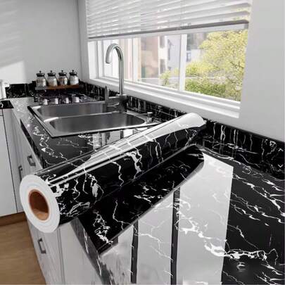 1 Roll Black Marble Self-Adhesive Oilproof Kitchen Wallpaper - Waterproof, Straight Match, Shapes And Stripes Pattern For Countertop, Cabinet, And Wall In Kitchen And Bath