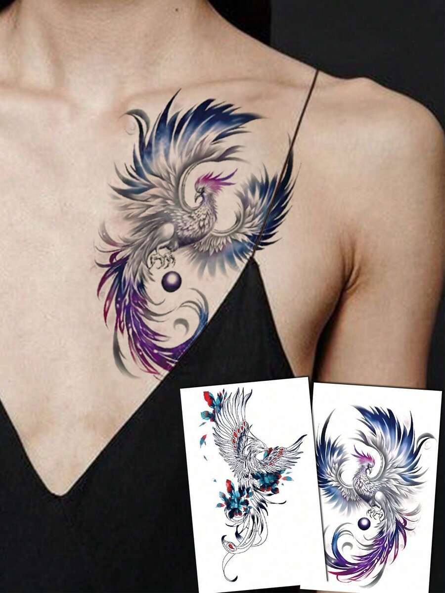2张人体彩绘纹身贴纸,男女通用,彩色凤凰图案,防水假纹身,可维持2-5天,可用于手臂、胸部、腰部、背部或腿部,易于粘贴和移除,适合节日、派对、假日和音乐节。 - 彩色 - 查看 1
