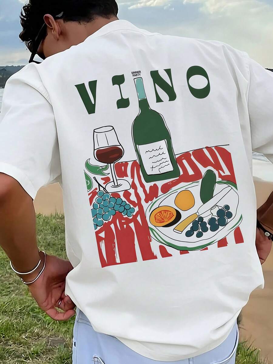 1pc Men's Graphic Print T-Shirt, Beach Vacation Casual Summer Loose Fit Short Sleeve Tee - White - View 1