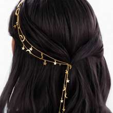 1 pièce Clip à chaîne pour cheveux avec étoile et lune, accessoire pour cheveux, été, vacances, voyage, coiffe, couronne de tête pour femmes - Doré - Voir 1