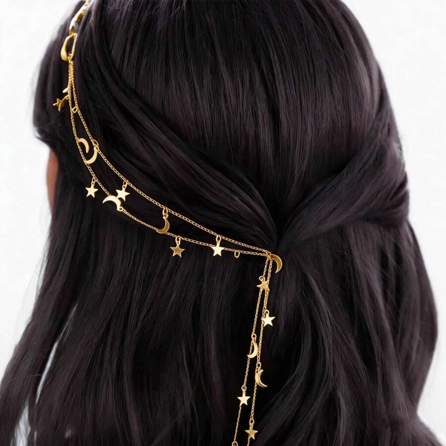 1 pièce Clip à chaîne pour cheveux avec étoile et lune, accessoire pour cheveux, été, vacances, voyage, coiffe, couronne de tête pour femmes - Doré - Voir 1