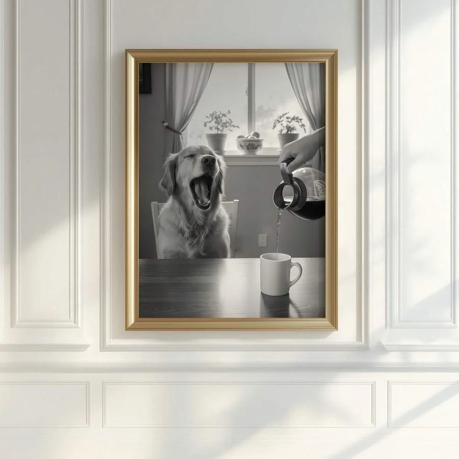 1pc Frameless Golden Retriever Yawning Morning Coffee Funny Black White Vintage Kitchen Bar Wall Art Canvas Poster Print For Living Room, Bedroom, Dorm Room Decor - Black and White - View 1