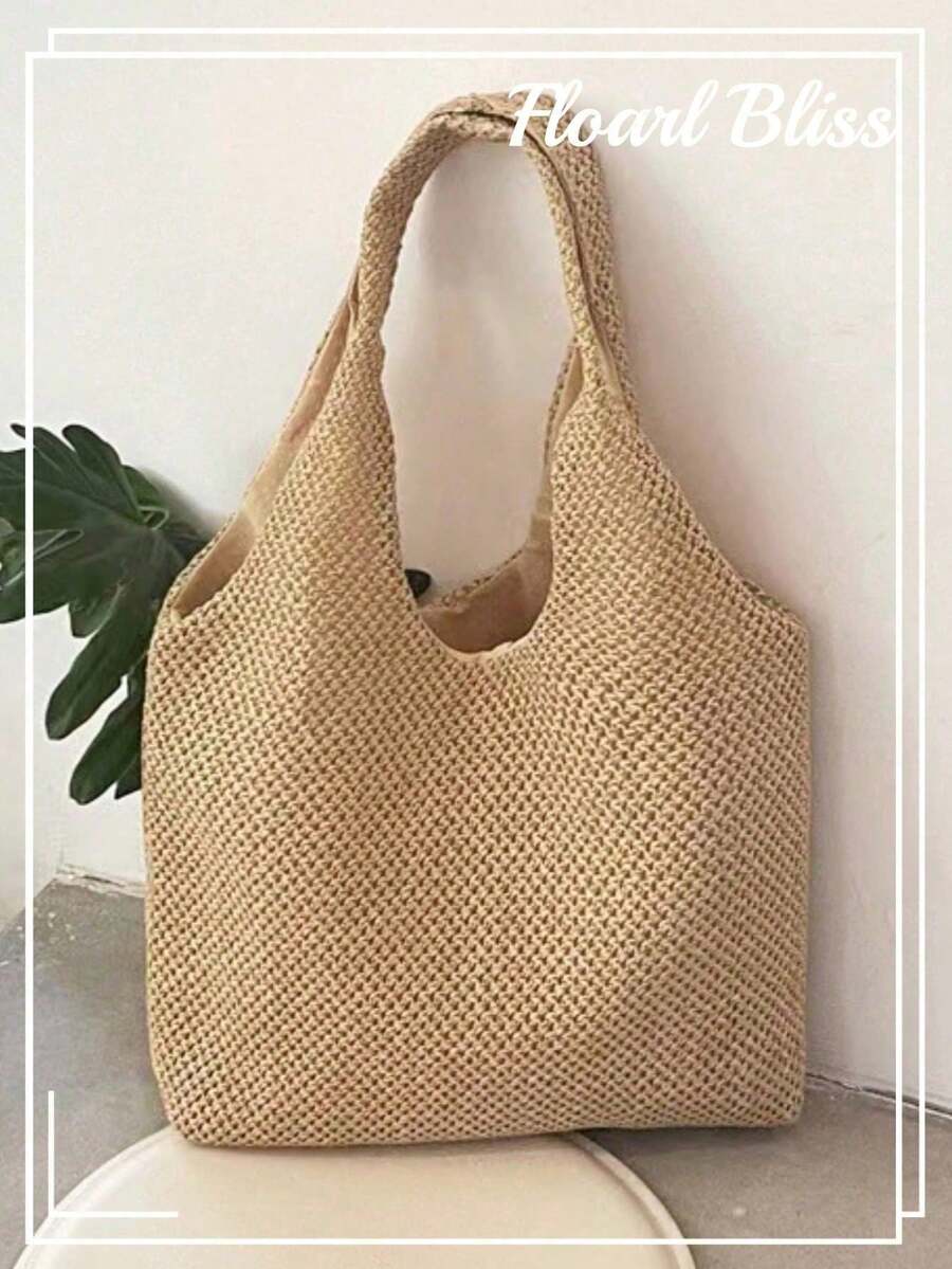 Túi đeo vai dệt sọc dung tích lớn, kiểu dáng tối giản, túi tote, túi cói. - Màu Khaki - Xem 1