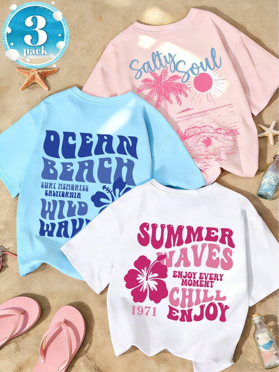 3pcs-Tween Girl-Vacation Style Printed T-Shirt, Suitable For Travel And Vacation Wear, Fashionable Spring/Summer Casual Versatile Top - White - View 1