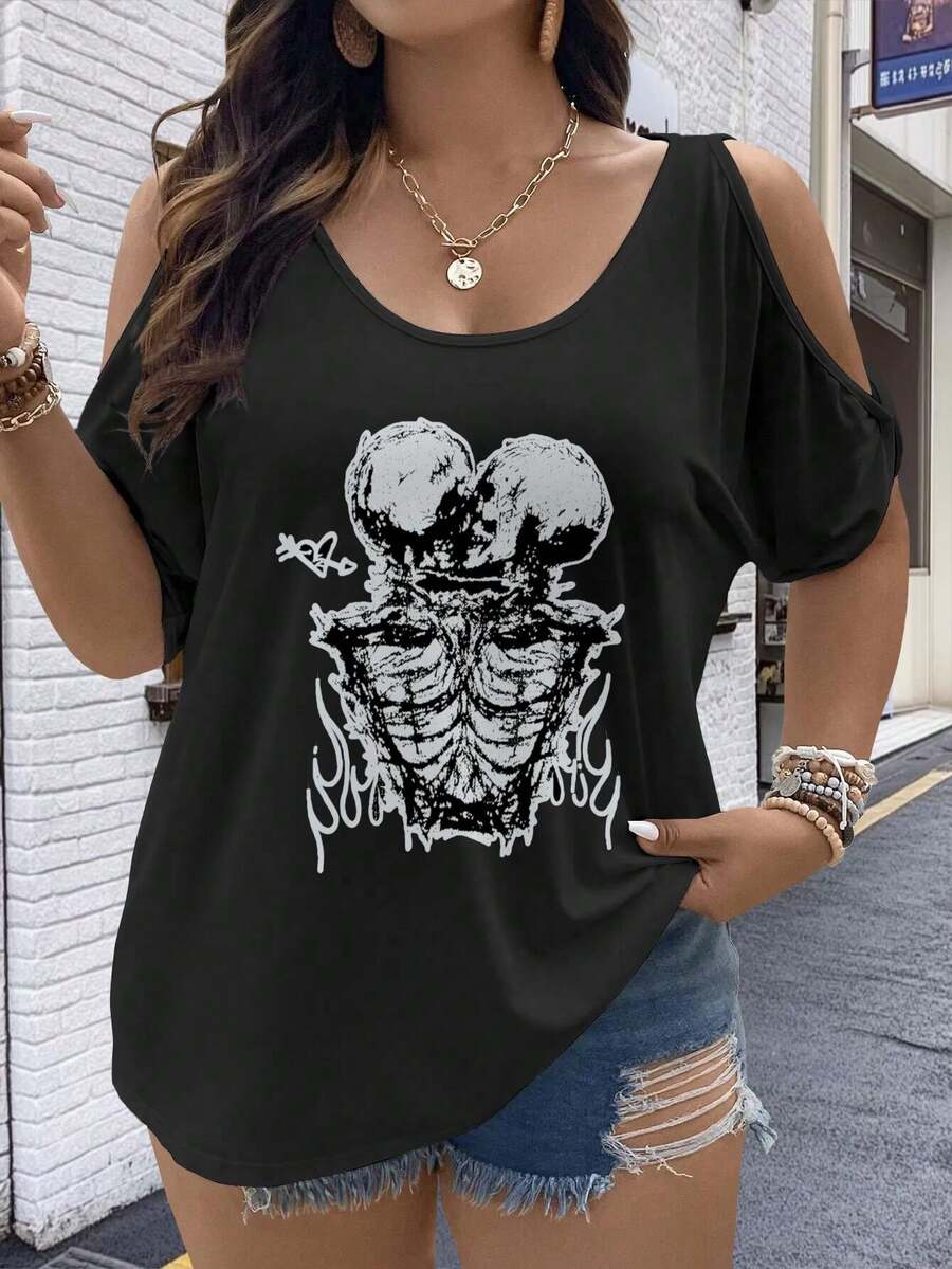 1 PC Plus Size - SKULL,  Modern Style Women's Oversized Top, Unique Design Featuring Large Sizes And Off-Shoulder Details.Elegant Strapless T-Shirt, Perfect For A Casual Vintage Look.It's An Excellent Gift Idea For Friends - màu đen - Xem 1