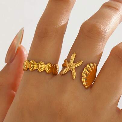 2件套不锈钢海星贝壳造型戒指，适合女性日常、海滩、旅行佩戴