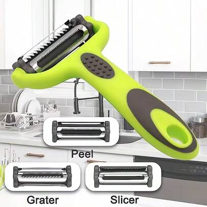 1 件装不锈钢三合一切片削皮器，配有符合人体工程学的橡胶手柄和不锈钢刀片 - 多功能蔬菜水果削皮器，带切片器和标准刀片，适用于西葫芦面条、沙拉、厨房小工具、蔬菜切片器和切碎器、沙拉制作厨房工具、耐用厨具、高品质削皮器、美食爱好者，附带保护盖