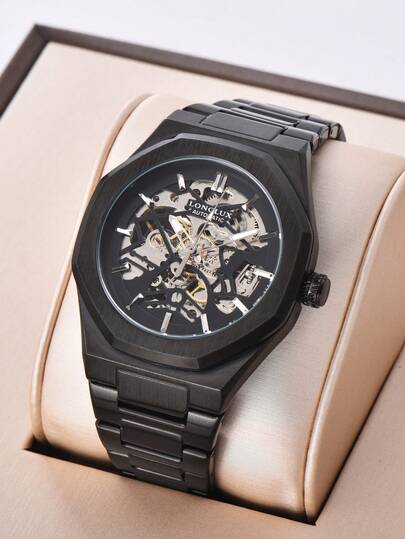 LONGLUX 1 chiếc đồng hồ cơ tự động rỗng dành cho nam, dây thép khóa bướm, kiểu dáng tối giản, thời trang đeo hàng ngày, thích hợp làm quà tặng dịp lễ.