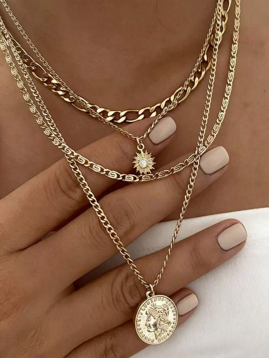 Bohemian Style Women's Multi-Layer Necklace, Vintage Coin & Sun Pendant Multi-Layer Necklace Jewelry Accessories, Y2K Multi-Layer Gold Necklace, Retro Sun Coin Pendant Multi-Layer Gold Necklace For Daily Wear - Layered Necklace - View 1