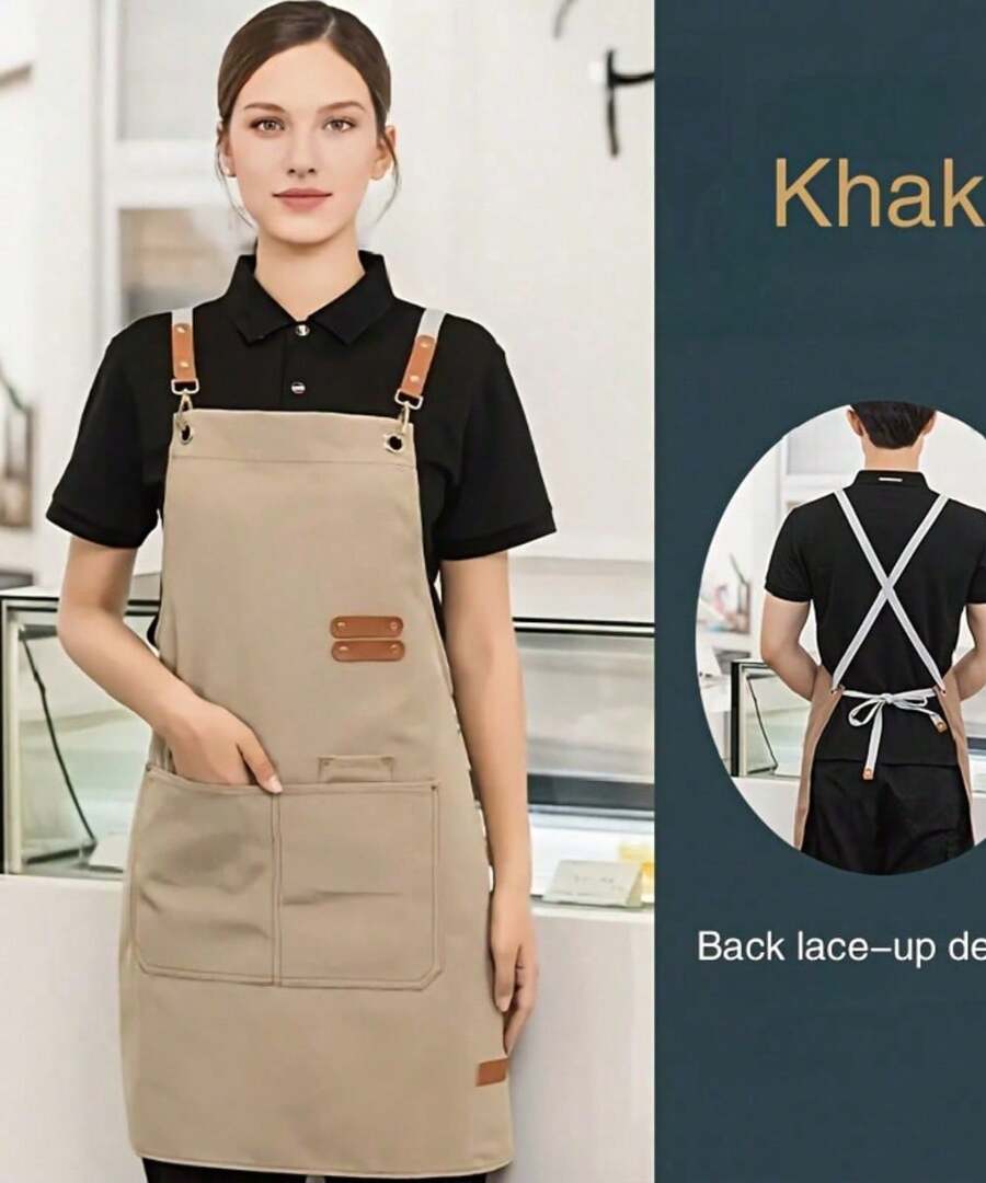 Luxury Fashion Kitchen Apron For BBQ, Women, Men, Chef, Work, Grill, Restaurant, Bar, Shop, Cafes - 1件卡其色 - 查看 1