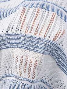 Men's Hollow Out Semi-Sheer Striped Knit Short Sleeve Polo Shirt, Comfortable Breathable Lightweight Knit Top For Casual Wear, Suitable For Vacation And Valentine's Day - Blue and White - View 11