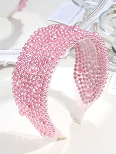 1 chiếc băng đô cài tóc nữ thời trang, thanh lịch, vành rộng đính ngọc trai giả, thích hợp để đeo hàng ngày.