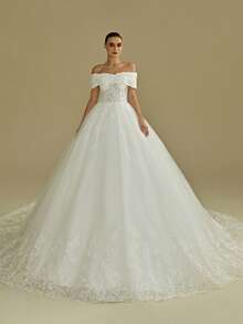 优雅浪漫露肩闪亮婚纱，饰有串珠贴花，系带露背设计 - 米色 - 查看 3