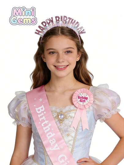 3件套生日派对套装，包括生日女孩头箍、绶带和胸针，适合所有季节，是女孩生日派对、公主装扮和配饰的完美之选，也是送给女孩的理想礼物。