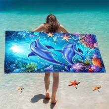 1pc Extra Large Quick Dry Beach Towel - Big Dolphin & Coral Reef Pattern, With Marine Life Motif - Soft Microfiber Towel, Suitable For Pool, Travel, Camping - Green Ocean Tone - Easy Care Beach & Pool Accessory, Vibrant Ocean Pattern, Fast Drying Fabric, Ultra Soft Material - Multicolor - View 8