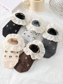 5 đôi tất nữ dễ thương ren xếp nếp in hình nấm, tất ngắn mềm mại, thoáng khí, thời trang, thích hợp cho kỳ nghỉ, thường ngày, mặc trong nhà và ngoài trời, màu ngẫu nhiên. - Nhiều màu - Xem 10