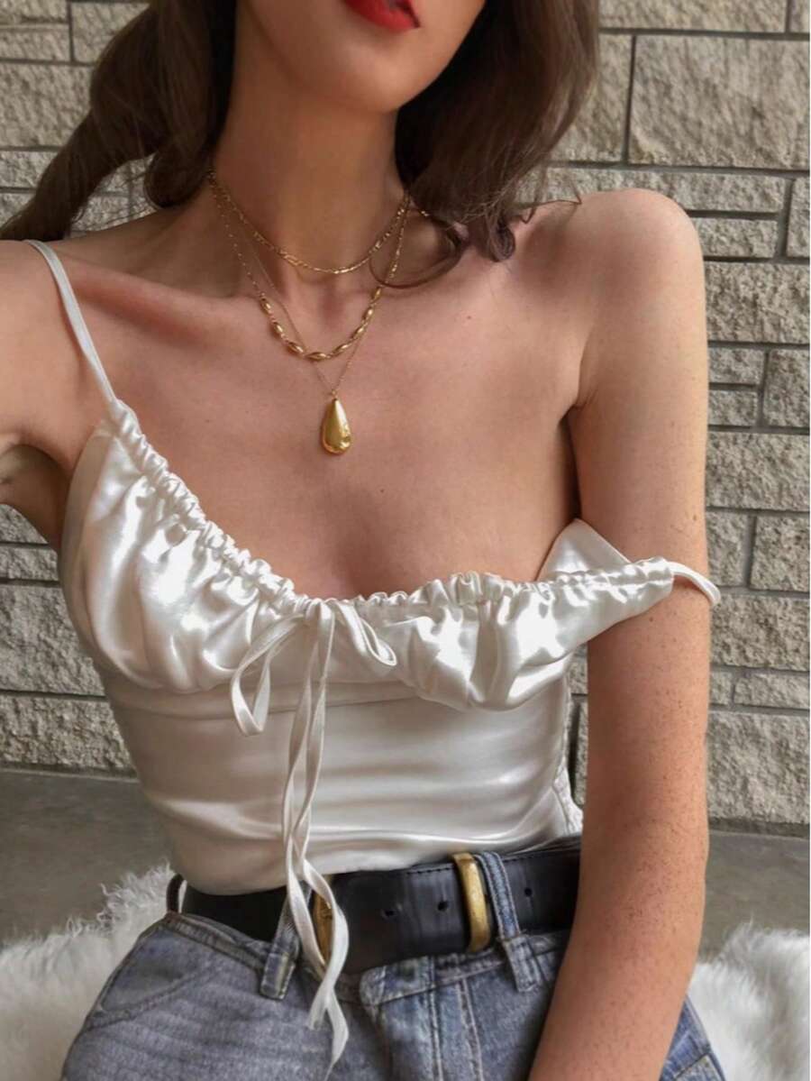 Women's Elegant Sleeveless Spaghetti Strap Crop Top With Cold Shoulder Design And Appliques, Perfect For Party Wear - White - View 1