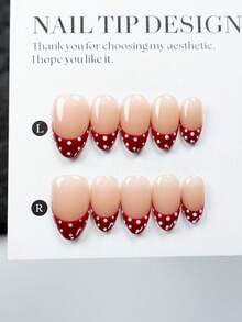 10 piezas de uñas postizas de alta gama con diseño de lunares rojos y blancos en forma de almendra, hechas a mano, con estilo minimalista y adorable - Multicolor - Ver 10