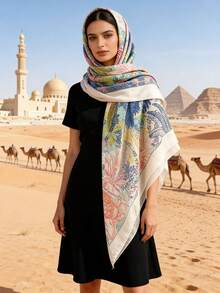 130*130厘米 女士波西米亚风亚麻混纺防风披肩围巾，适合户外活动和日常穿着 - 彩色 - 查看 4