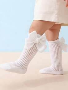 1 Pair Baby Girls' Sweet Cute Bow Decor Cotton Mesh High Socks, Spring/Summer - White - View 4