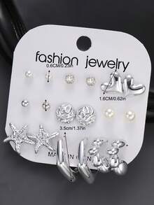 18/36/54/72pcs Set Casual Minimalist Hollow Heart, Flower, Butterfly, Water Drop, C-Shape Pearl & Rhinestone Earrings, Suitable For Women's Daily Wear, Beach, Party, Holiday Gift (Random Delivery) - Silver - View 2
