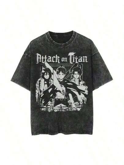 Camiseta de manga corta con estampado vintage lavado retro de , estilo urbano neutro, Attack Giant, nueva, informal, holgada, para hombre, de verano, 100% algodón.