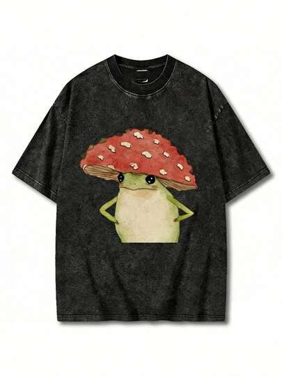 Washed T-Shirt, Washed Cotton, T-Shirt With A Confident Frog And Mushroom Hat Print, High-Quality Batik Cotton Vintage Fashion Brand T-Shirt, Unisex T-Shirt, Popular T-Shirt For Daily Wear, Holiday Gift, Perfect Gift - Wedding, Spring, Summer Outfits