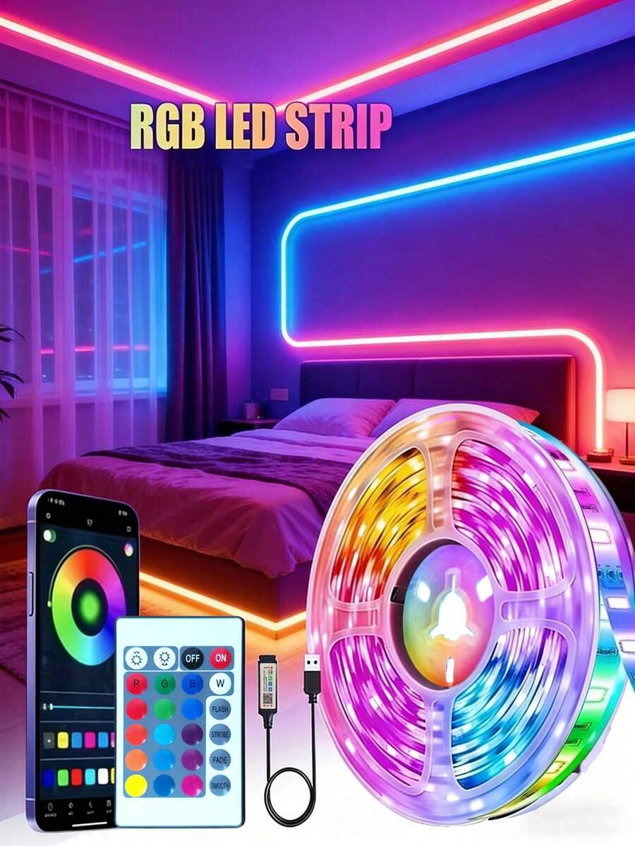 30ft-100ft Smart APP Controlled Color Changing LED Strip Lights For Bedroom, With Remote Control And Timer Function, Suitable For Room, Home, Party Decoration, Support Smartphone APP Control And 24-Key Remote, USB Powered, 5V RGB LED Strip, Color Changing, Suitable For TV Backlight, Ambiance Lighting, Gaming/Living Room, Holiday Celebration And Dynamic Lighting Effects (Power Adapter Not Included) - 白盤燈帶 - 查看 1