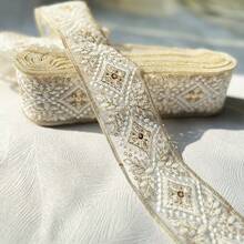 137.15cm Wide Rhombus Floral Trim, Embroidered Accessory, Sequin Mesh Fabric For Women Garment Decoration - White - View 3