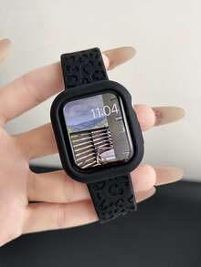 Huastonband 1組豹紋矽膠錶帶與錶殼，相容於Ultra、SE、S10/S10/S11/S9/S8/S7/S6/S5/S4/S3/S2/S1，超薄柔軟舒適刻花豹紋黑色矽膠錶帶附軟質保護殼，尺寸38/40/41mm、42/44/45/46/49mm，防水防汗，適合戶外運動、瑜伽、健身、夏季海灘活動 - 黑色 - 查看 10