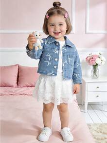 女童时尚甜美牛仔外套，春秋季短款纽扣前襟外套，饰有白色蝴蝶结印花，休闲日常外出外套，带口袋设计，适合小女孩穿着 - 藍色 - 查看 6