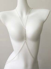 1pc Bohemian Style Chest Chain, Minimalist Chest Accessory, Shiny Sexy Lingerie Decor, Suitable For Beach, Body Chain Jewelry For Women (Random Crystal Quantity) - Silver - View 3