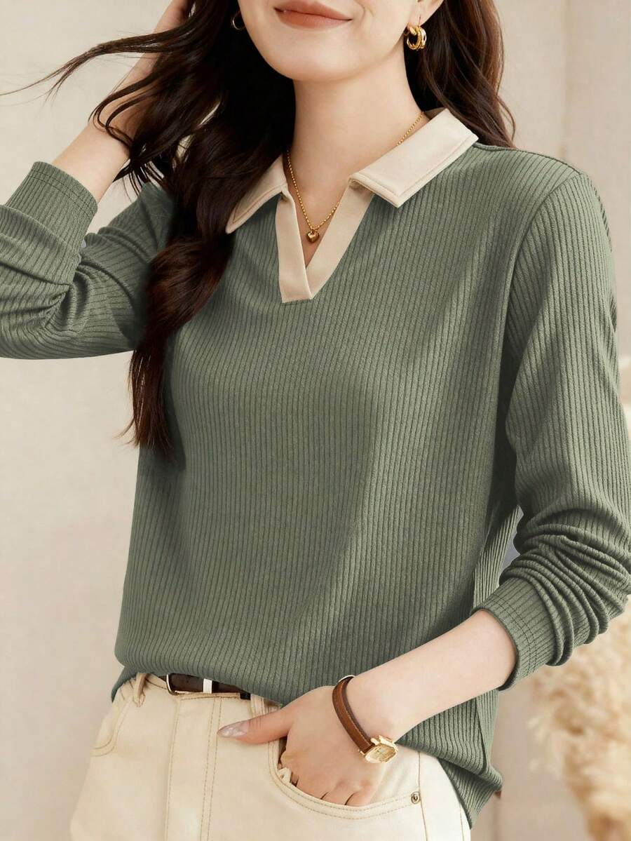 Camiseta de manga larga con cuello de polo para mujer, prenda exterior de moda, jersey informal de primavera, 2025 Nuevo otoño