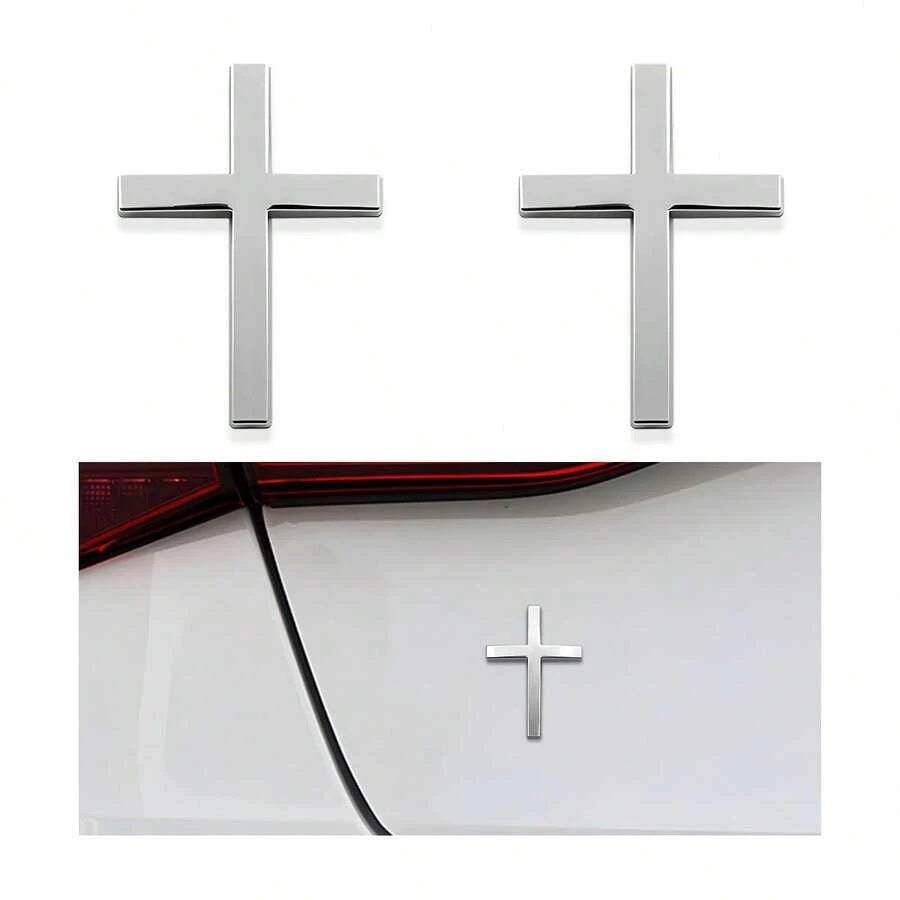 2PCS Metal Jesus Christ Cross Badge Stickers, 2.6"*1.85" Alloy 3D Individual Car Cross Sticker, Self Adhesive Scratch Covering Metal Cross Auto Emblem Decal For Car Body Fender Tail - 2 pcs (black+Red) - 查看 1