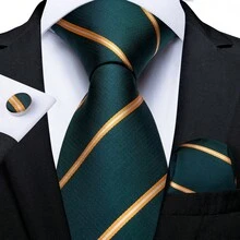 Juego de corbata a rayas verdes y doradas para hombres - Incluye pañuelo de bolsillo, gemelos y pinza de corbata dorada, elegante para negocios y ocasiones formales, accesorios, regalo del Día del Padre - Verde - Ver 2