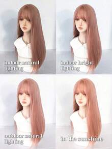 1 Piece Synthetic Heat-Resistant Straight Hairpiece In Beige Glod Hair Long Wig, 26 Inches Long, Made From Fiber, Suitable For Daily Use, Natural And Realistic Hairpiece. - 珊瑚粉 - 查看 9