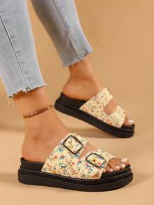 Women's Flat Sandals, New Summer Fashion Thick-Soled Casual Beach Slippers, Floral Pattern Adjustable Strap Sandals - Beige - View 2