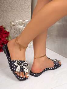 Women's Summer New Explosion Vintage Polka Dot Square Toe Slippers, Exquisite Bow Decor, Soft Bottom Non-Slip Lightweight, Suitable For Home, Leisure, Daily Wear, Photography, Girl Style Design, Versatile For Multiple Occasions,Beach Shoes - Black - View 5