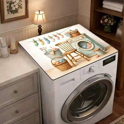 1pc, Vintage Washer And Refrigerator Dust Cover, Cute Washer Protection Mat, Cartoon-Style Laundry Room Pattern Printed Washer Dust Cover, Laundry Room Accessories, Washer Top Protection Mat, Refrigerator Dust Cover Mat, Coffee Machine Tabletop Water Absorption Mat, Drain Mat, Modern Laundry Room And Kitchen Appliance Dust Cover For Washer And Dryer, Home Decoration, Kitchen And Dining Room Decoration