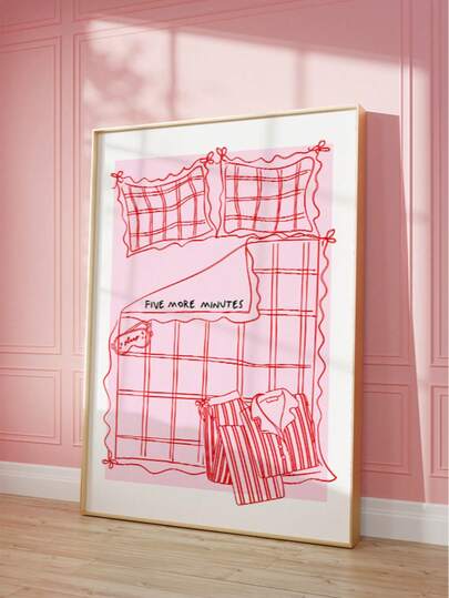 1pc Frameless Pink Red Line Art Bed With Pillows & "5 More Minutes" Quote Print, Cozy Bedroom Wall Decor For Dorm, Back To School, Room Decor Gift