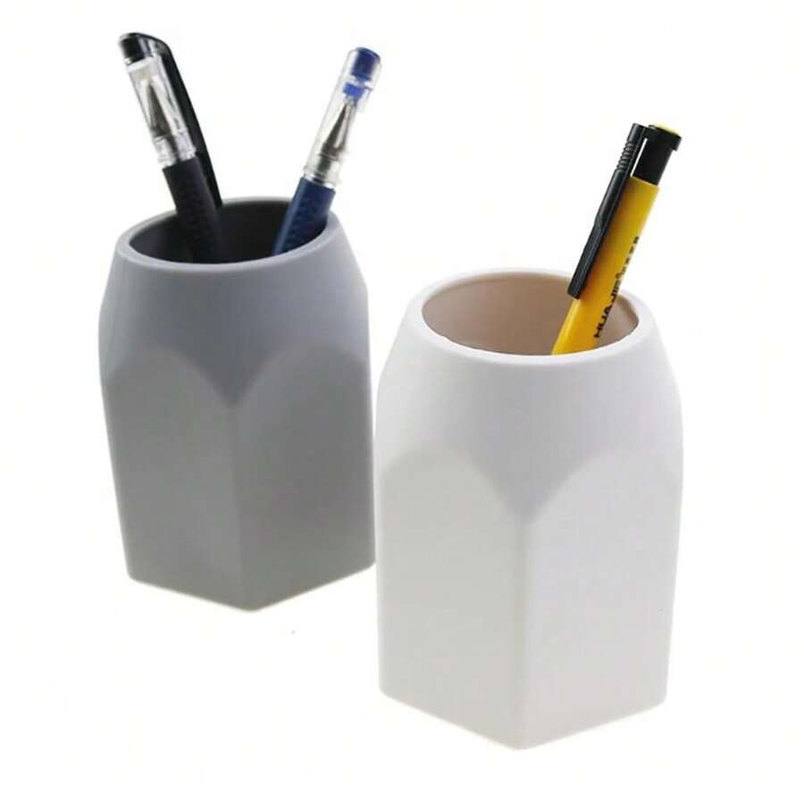 Geometric Silicone Pen Holder, White Desk Organizer Pencil Cup, Multi-Purpose Storage Pot For Office, Home & Makeup Brushes - Multicolor - View 1
