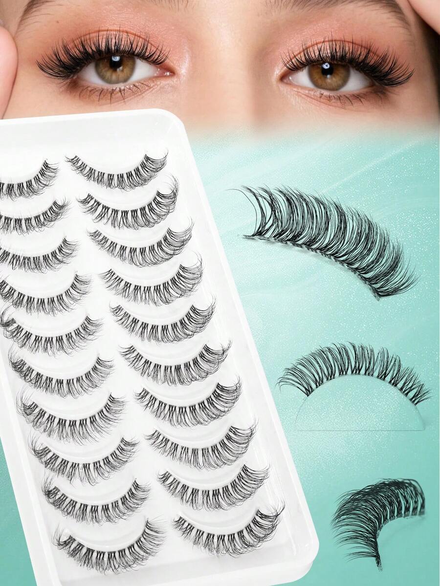 Demi-Wispies 仿貂毛假睫毛，透明梗，俄罗斯条状假睫毛，蓬松自然，轻盈纤长，15毫米短款假睫毛，隐形小巧3D假睫毛，10对装 - 黑色 - 查看 1