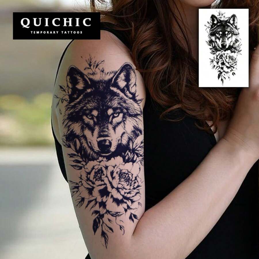 AMIFANS Temporary Tattoo Realistic Wolf Head With Peony Flowers, Semi Permanent Tattoo,Lasting 1-2 Weeks Tattoo, Long Lasting Tattoo, Juice Tattoo, Realistic Tattoo, Romantic Tattoo, Fake Tattoo, Waterproof, Authentic Tattoo Look, Niche Design Tattoo, Fruit Tattoo, Plant-Based Tattoo - Black - View 1