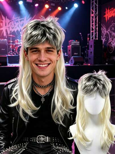 Tóc giả đuôi sói phong cách rock retro thập niên 80 dành cho nam, màu xám bạc chuyển dần sang trắng sữa, tóc dài xoăn bồng bềnh nhiều lớp, kiểu tóc mullet nhiều lớp, phù hợp cho biểu diễn sân khấu, cosplay punk và tạo kiểu cổ điển.