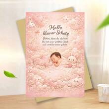 Thiệp chúc mừng em bé mới chào đời màu hồng, hình mây, trái tim và thỏ dễ thương, dành tặng bố mẹ mới, quà lưu niệm cho tiệc mừng em bé, quà tặng cho phòng trẻ từ gia đình và bạn bè, phong cách pastel lãng mạn. - Mảnh duy nhất - Xem 10