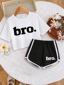 1 Set Teenage Girls' Round Neck Short Sleeve T-Shirt And Shorts Set, Printed Text Graphic Design, Comfortable Minimalist Style, Suitable For Spring And Summer - Multicolor - View 1