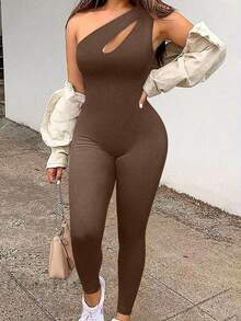 Summer Fashion Solid Color Hollow Out Spaghetti Strap Bodycon Jumpsuit Elegant - Brown - View 2