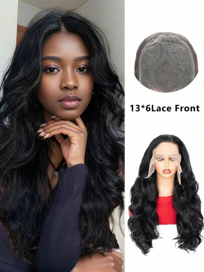 22英寸13*6蕾丝前假发，自然长卷发，YaKi合成蕾丝前假发，耐热，黑色，适合女性日常造型、节日、派对和音乐活动