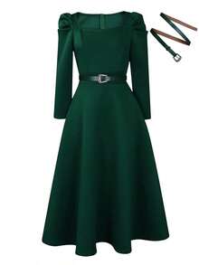 Women's Mid-Length Dress With Puff Sleeves, Square Neckline, Elegant Swing Robe, Solid Color, Elegant Fabric Belt, Suitable For Office, Casual, Work, Spring, Autumn, Winter - Dark Green - View 7
